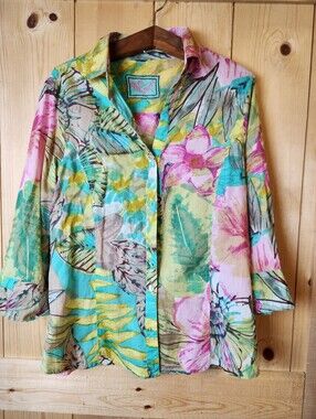 Bleu Bayou Cotton Pastel Tropical Floral Print 3/4 Sleeve Button-Up Blouse Shirt